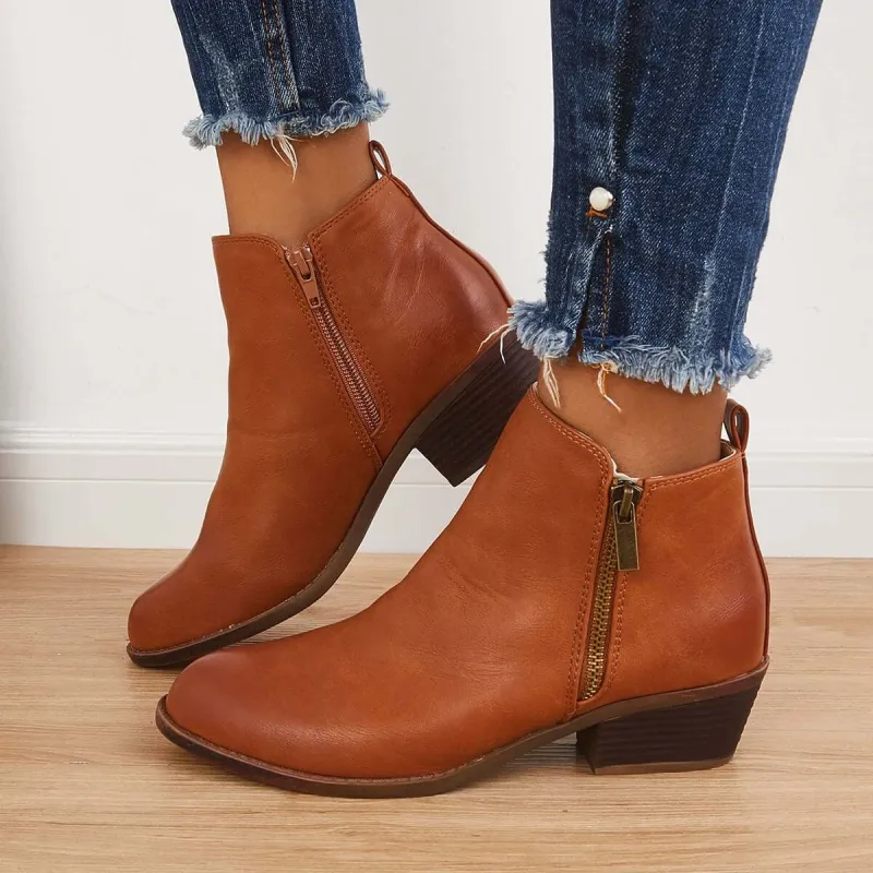 Chunky Block Heel Ankle Boots Side Zipper Booties sold by Tinstree