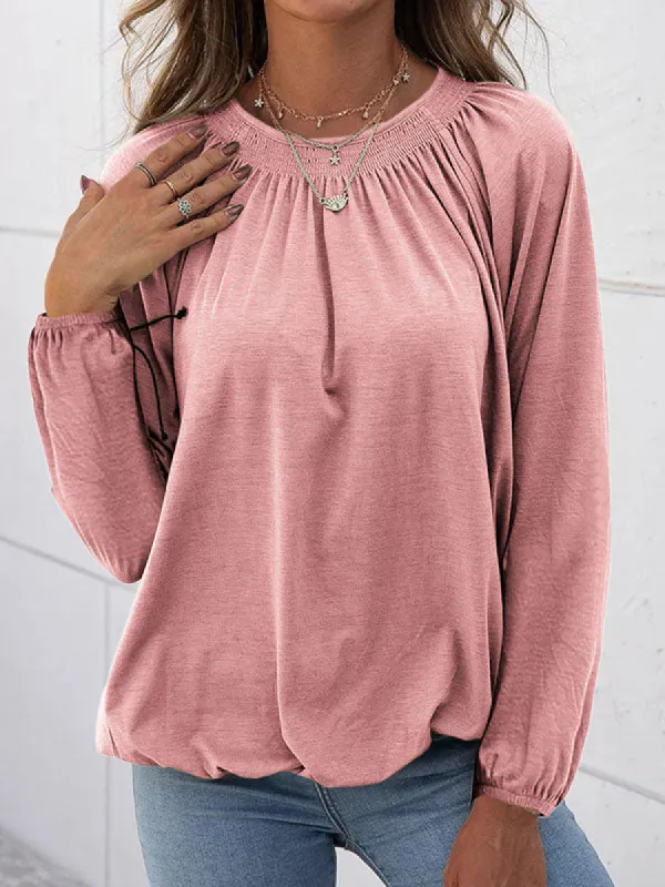 Womens Long Sleeve Shirts Crewneck Smocked Pleated Pullover Tops sold by Tinstree