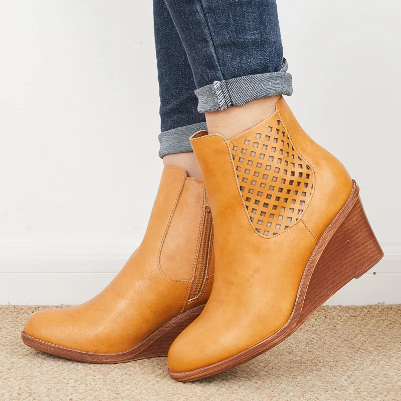 Hollow Ankle Boots Closed Toe Stacked Wedge Heel Booties sold by Tinstree