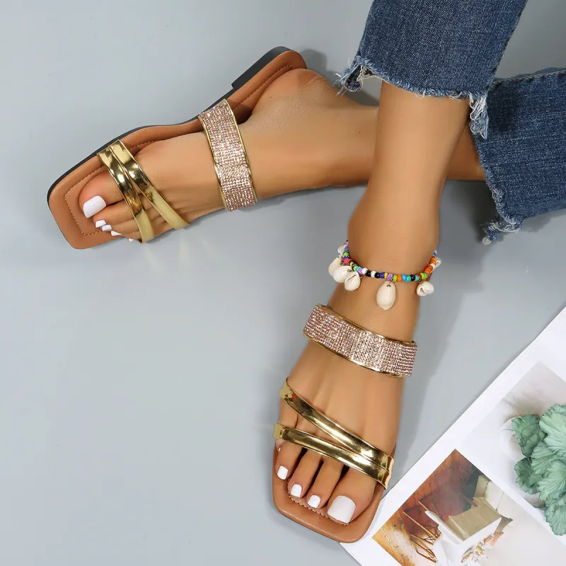 Rhinestone Square Toe Slide Sandals Flat Slippers sold by Tinstree