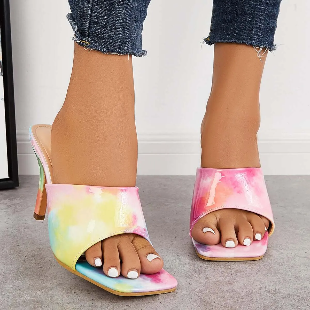 Multicolor Square Toe Mule Sandals Slip on Kitten Heel Slippers sold by Tinstree product image thumbnail 2