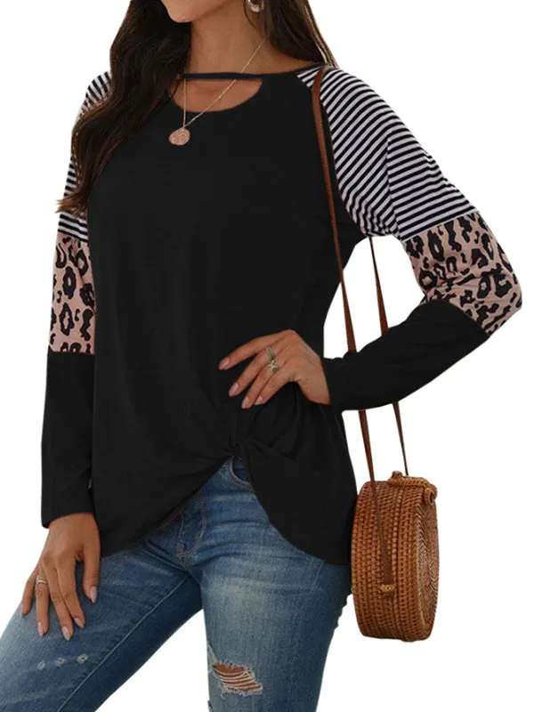 Womens Long Sleeve Crewneck Sweatshirt Leopard Splicing Loose Pullover Tops sold by Tinstree