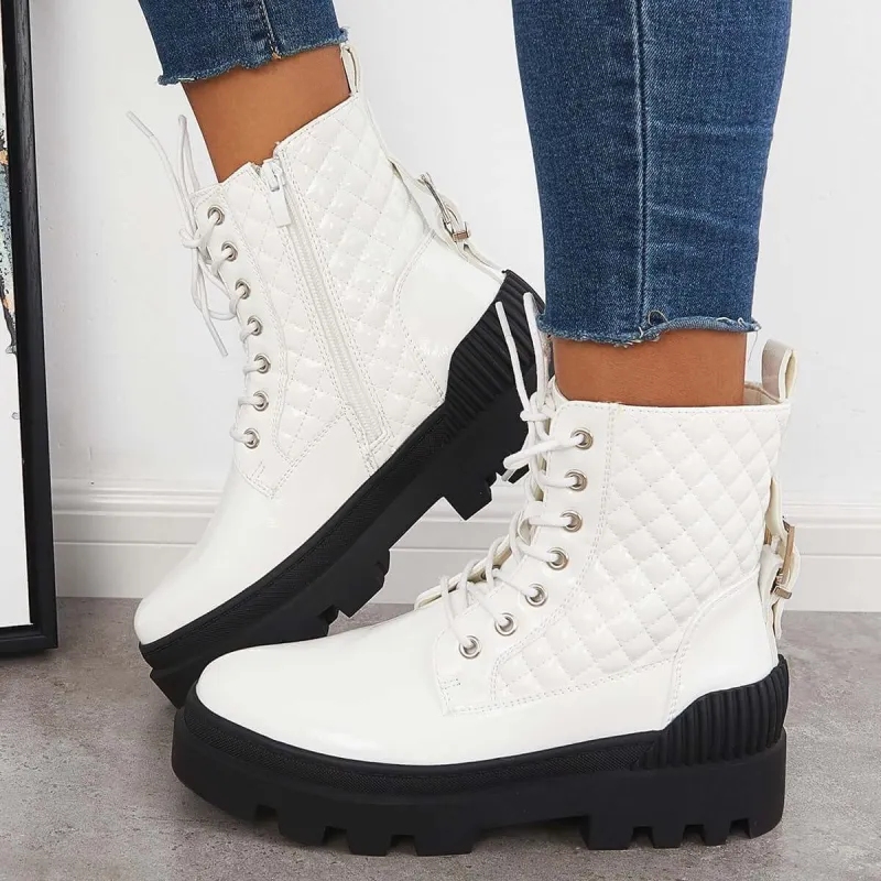 Checkered Platform Chunky Heeled Booties Lug Sole Combat Boots sold by Tinstree