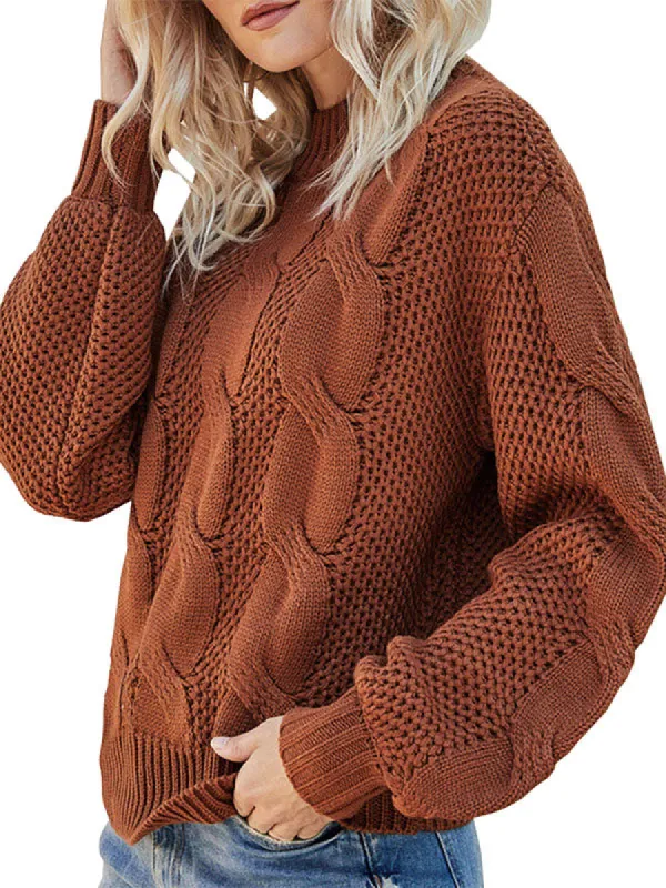 Women Long Lantern Sleeve Ribbed Knit Crewneck Loose Sweater Tops sold by Tinstree