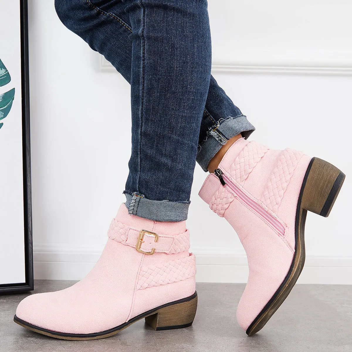 Pink Braided Straps Ankle Boots Side Zipper Chunky Block Heel Booties sold by Tinstree product image thumbnail 4