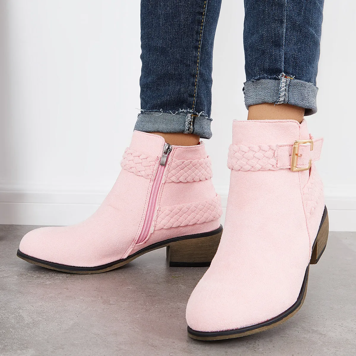 Pink Braided Straps Ankle Boots Side Zipper Chunky Block Heel Booties sold by Tinstree product image thumbnail 2