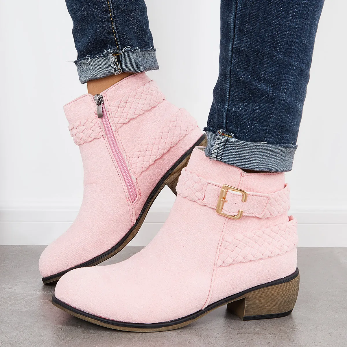 Pink Braided Straps Ankle Boots Side Zipper Chunky Block Heel Booties sold by Tinstree