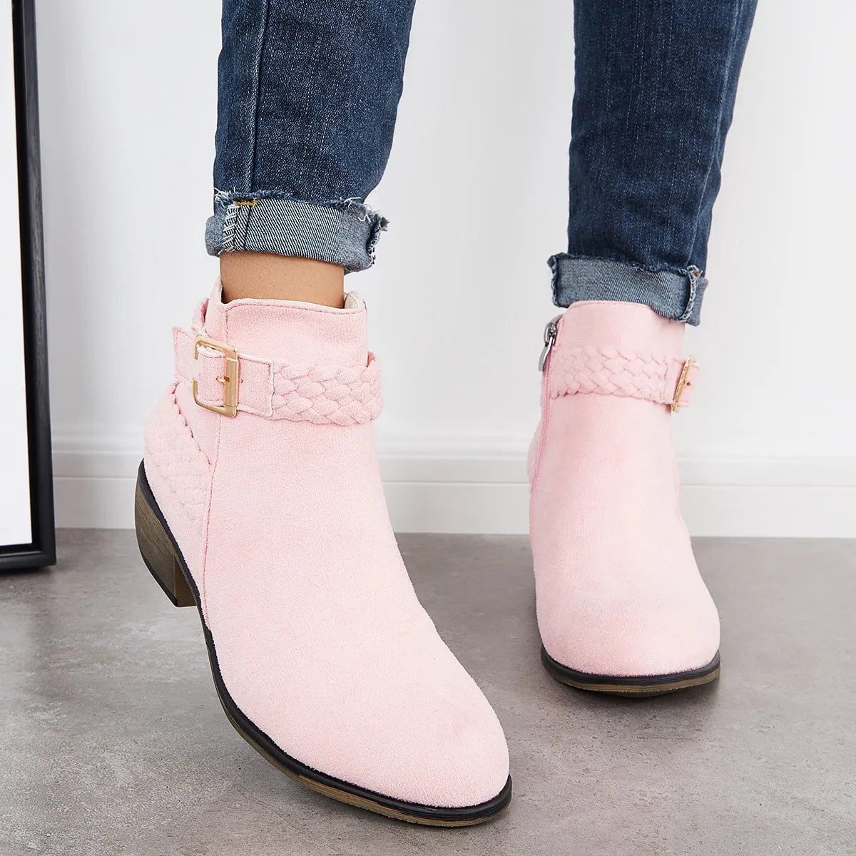 Pink Braided Straps Ankle Boots Side Zipper Chunky Block Heel Booties sold by Tinstree product image thumbnail 3