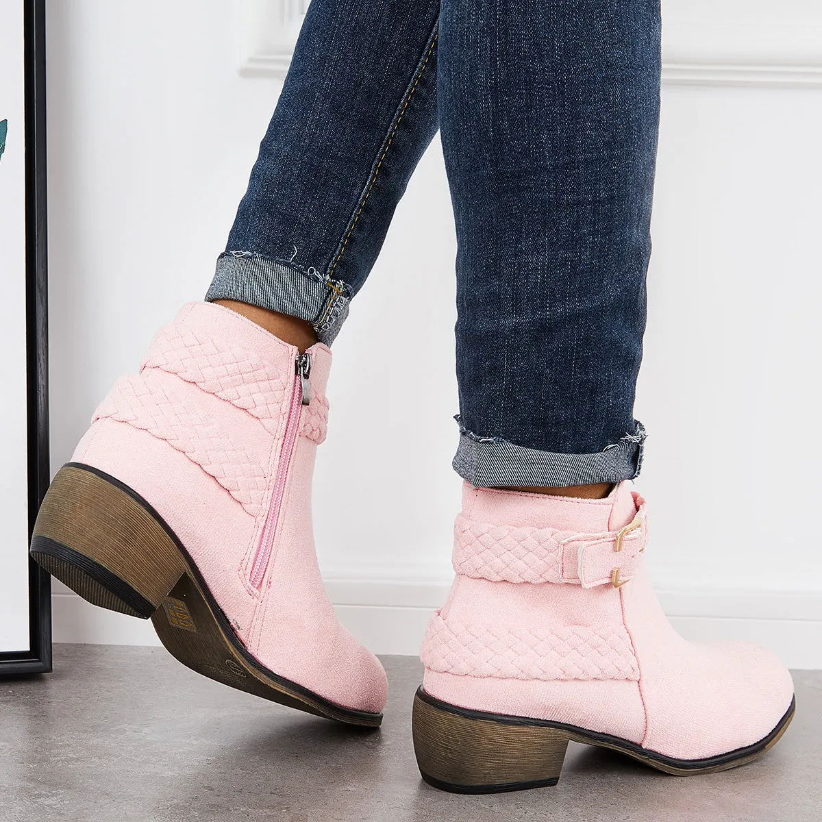 Pink Braided Straps Ankle Boots Side Zipper Chunky Block Heel Booties sold by Tinstree product image thumbnail 5