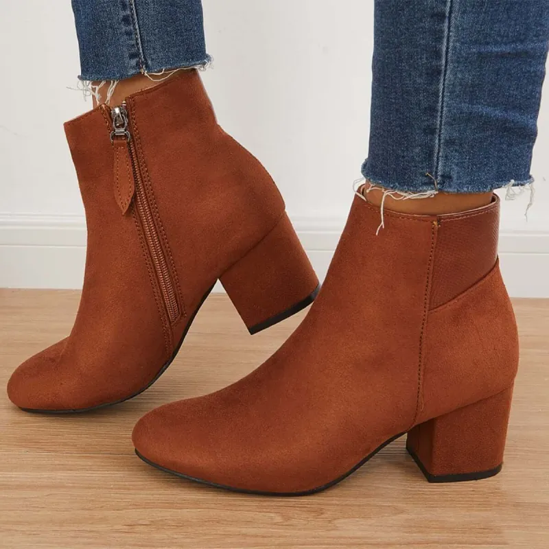 Chunky Block Mid Heel Ankle Boots Side Zipper Booties sold by Tinstree