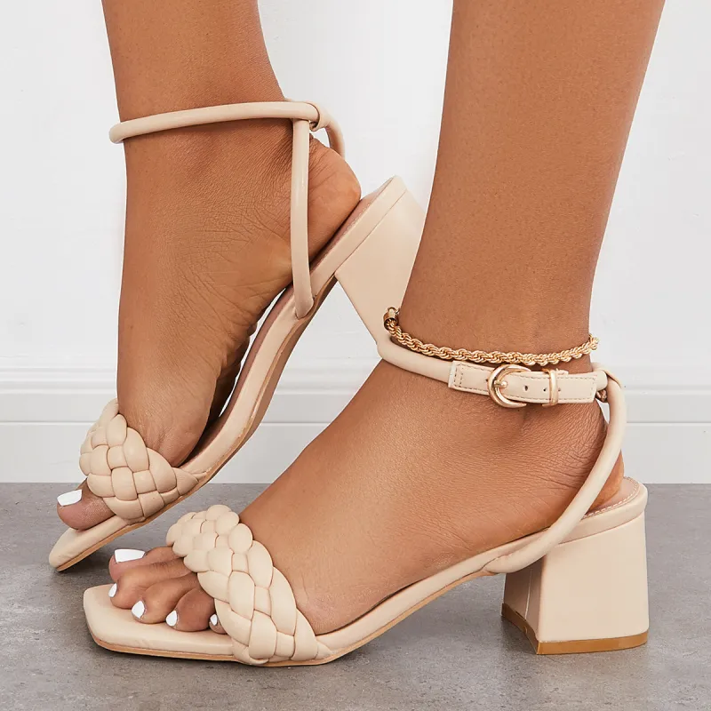 Square Toe Braided Chunky Block Heel Ankle Strap Sandals sold by Tinstree