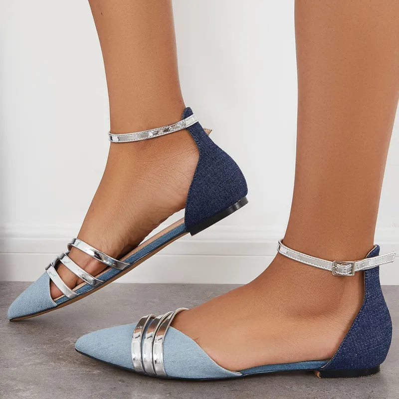Pointed Toe Plain Ballet Pumps Ankle Strap Flat Heel Shoes sold by Tinstree