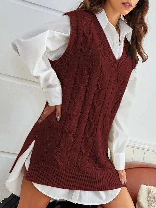 Women Oversized V Neck Cable Knit Sweater Vest Tunic Sleeveless Pullover Top sold by Tinstree