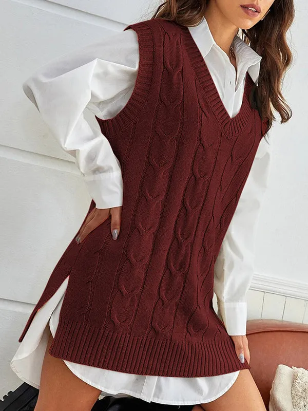 Women Oversized V Neck Cable Knit Sweater Vest Tunic Sleeveless Pullover Top sold by Tinstree
