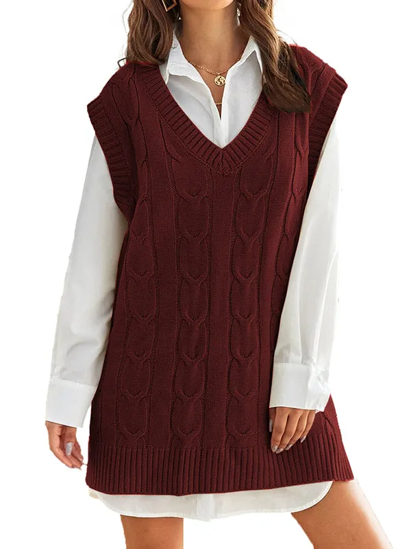 Women Oversized V Neck Cable Knit Sweater Vest Tunic Sleeveless Pullover Top sold by Tinstree product image thumbnail 2