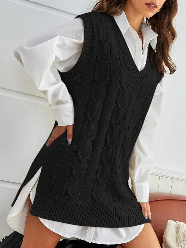 Women Oversized V Neck Cable Knit Sweater Vest Tunic Sleeveless Pullover Top sold by Tinstree product image thumbnail 4