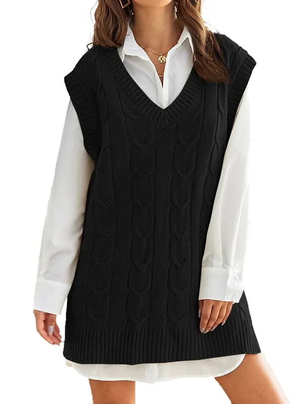 Women Oversized V Neck Cable Knit Sweater Vest Tunic Sleeveless Pullover Top sold by Tinstree product image thumbnail 5