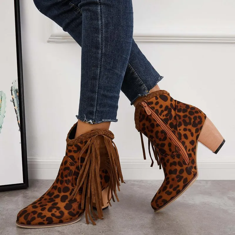 Leopard Western Ankle Cowboy Boots Fringe Chunky Heel Booties sold by Tinstree