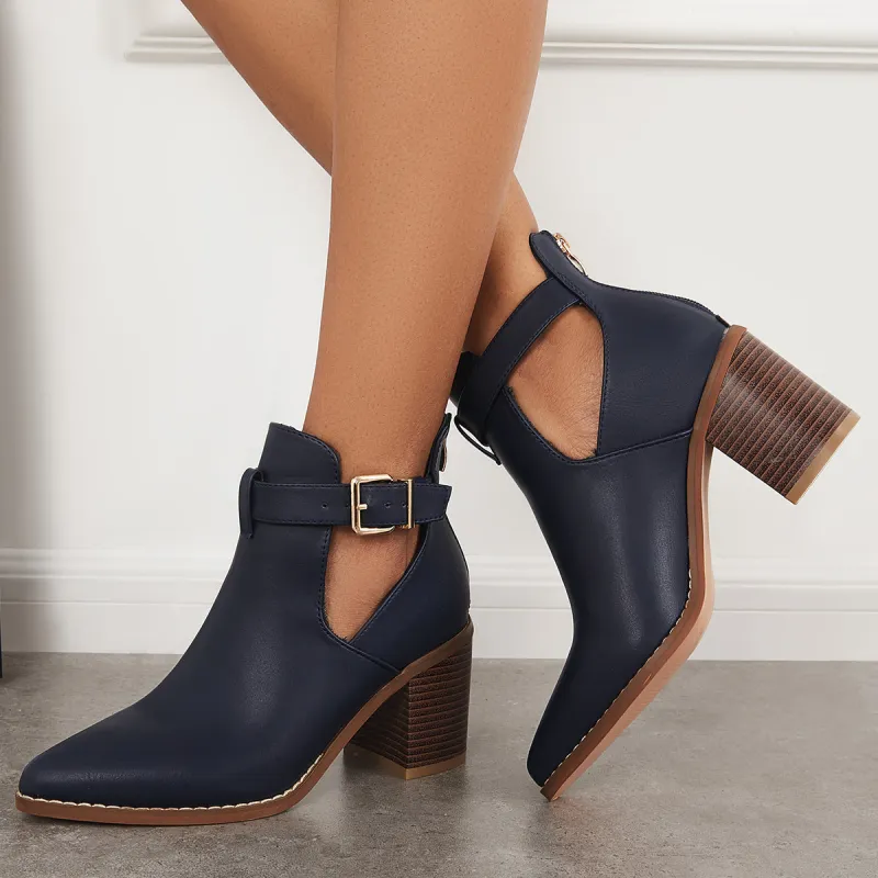 Cutout Chunky Stacked Heel Ankle Boots Buckle Straps Western Booties sold by Tinstree