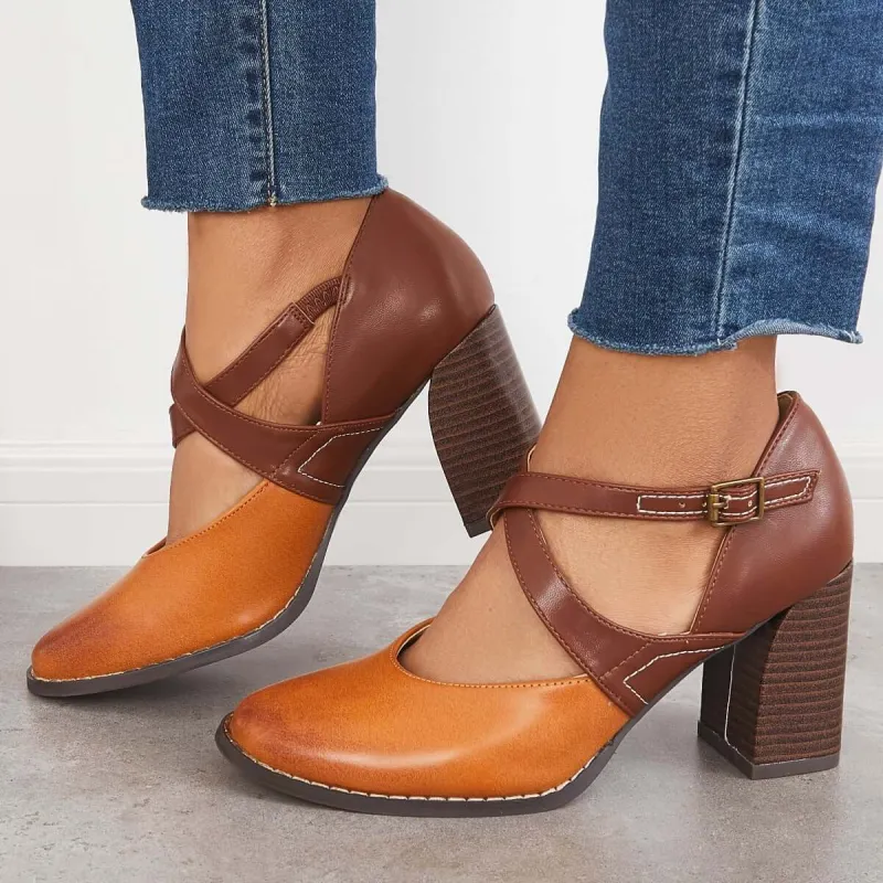 Vintage Color Block Chunky Mid Heels Shoes sold by Tinstree