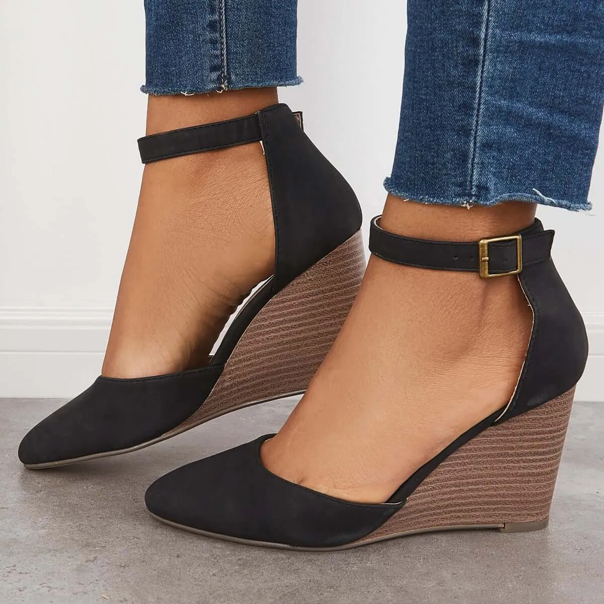 Classic Ankle Strap Wedges Pointed Toe Stacked Heel Dress Pumps sold by Tinstree