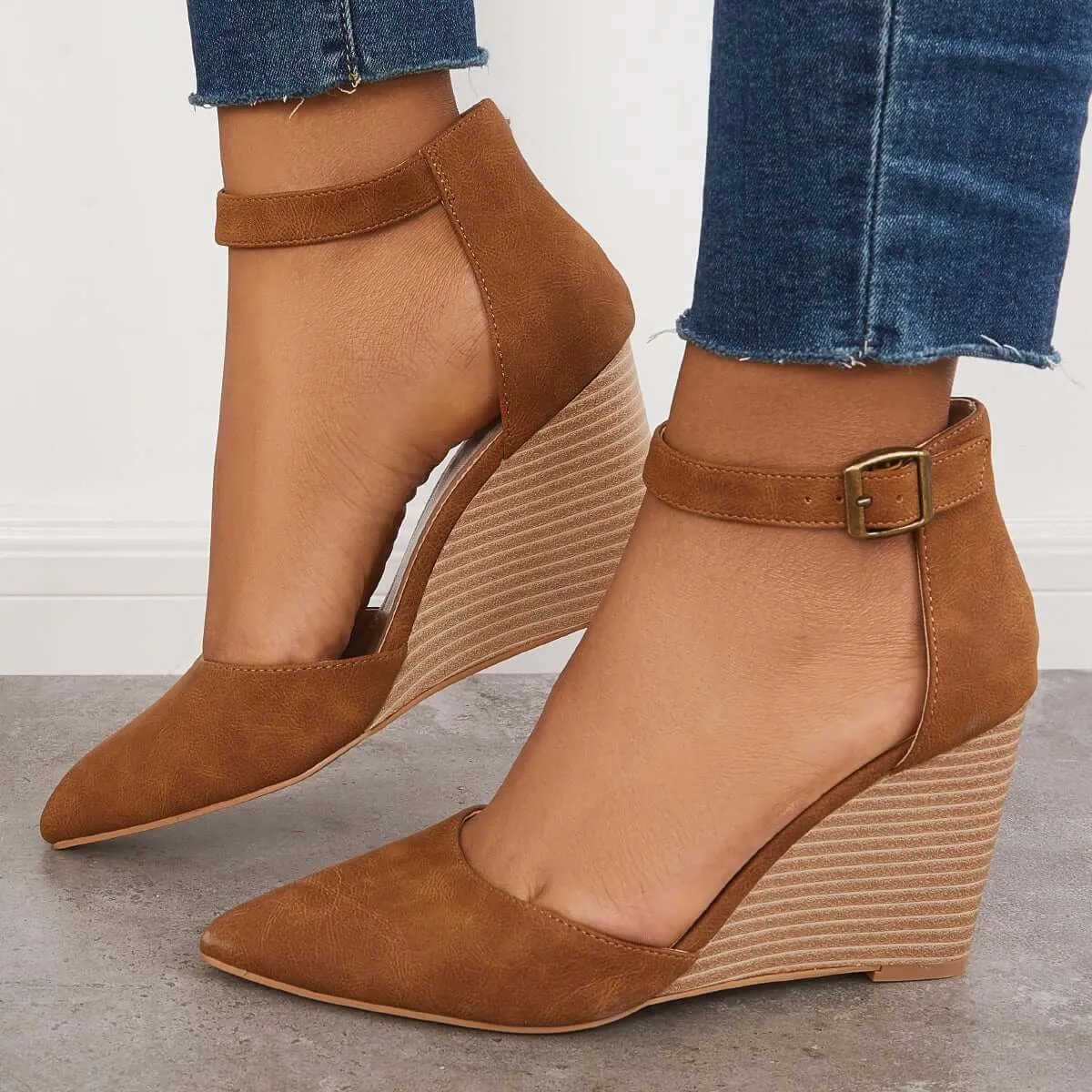 Classic Ankle Strap Wedges Pointed Toe Stacked Heel Dress Pumps sold by Tinstree product image thumbnail 5