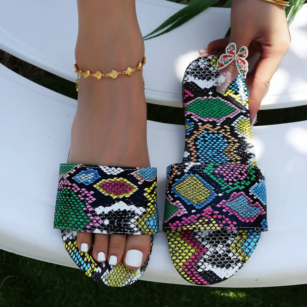 Snakeskin Print Slide Sandals Open Toe Flat Slippers sold by Tinstree product image thumbnail 4