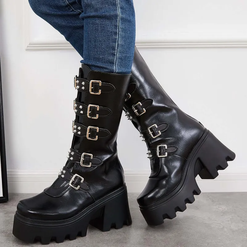Gothic Chunky Platform High Heel Boots Lug Sole Mid Calf Boots sold by Tinstree