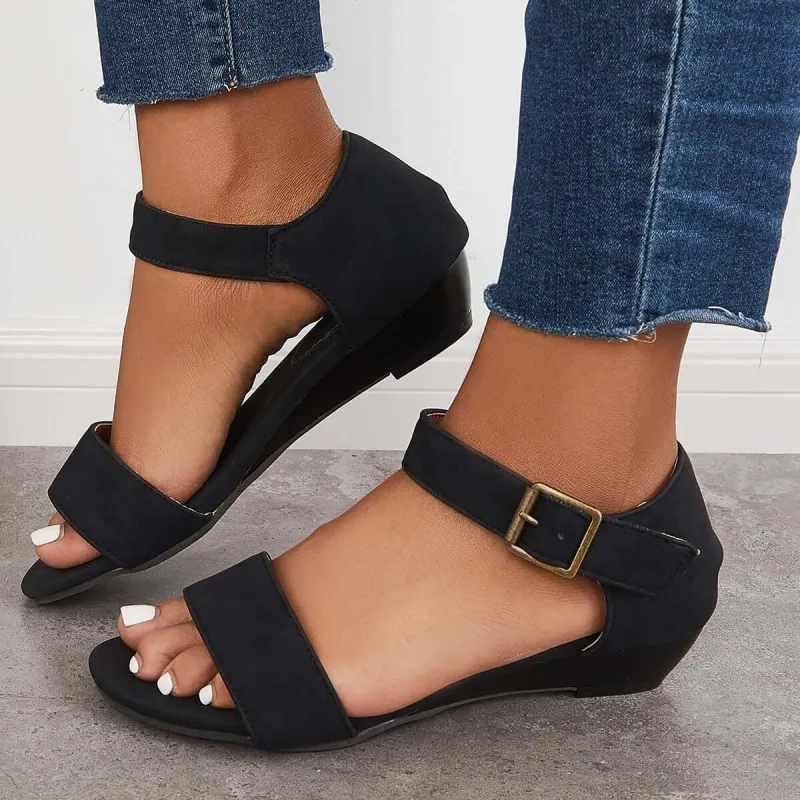 Black Open Toe Low Heels Wedge Ankle Strap Sandals sold by Tinstree