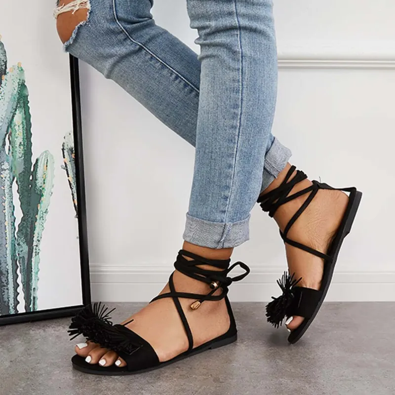 Open Toe Tassel Flat Sandals Lace Up Strappy Sandals sold by Tinstree