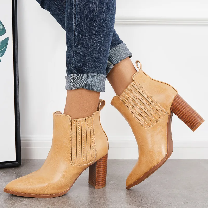 Pointed Toe Chunky High Heel Ankle Boots Slip on Western Booties sold by Tinstree