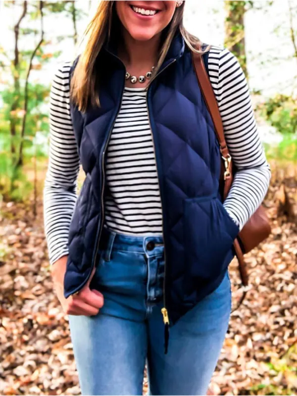 Women Quilted Stand Collar Zip Padded Jacket Lightweight Winter Outerwear Vest sold by Tinstree