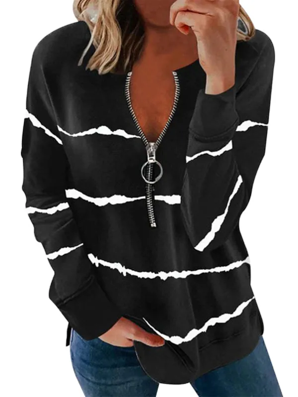 Women Casual Striped Quarter Zip Pullover Tops Long Sleeve Zipper Sweatshirt sold by Tinstree