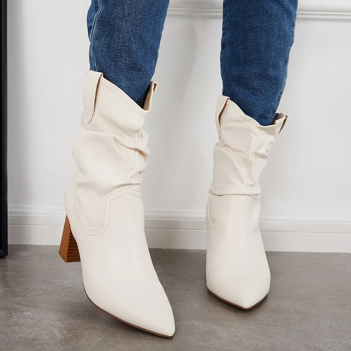 Slouchy Mid Calf Western Boots Pointed Toe Chunky Heel Booties sold by Tinstree product image thumbnail 2