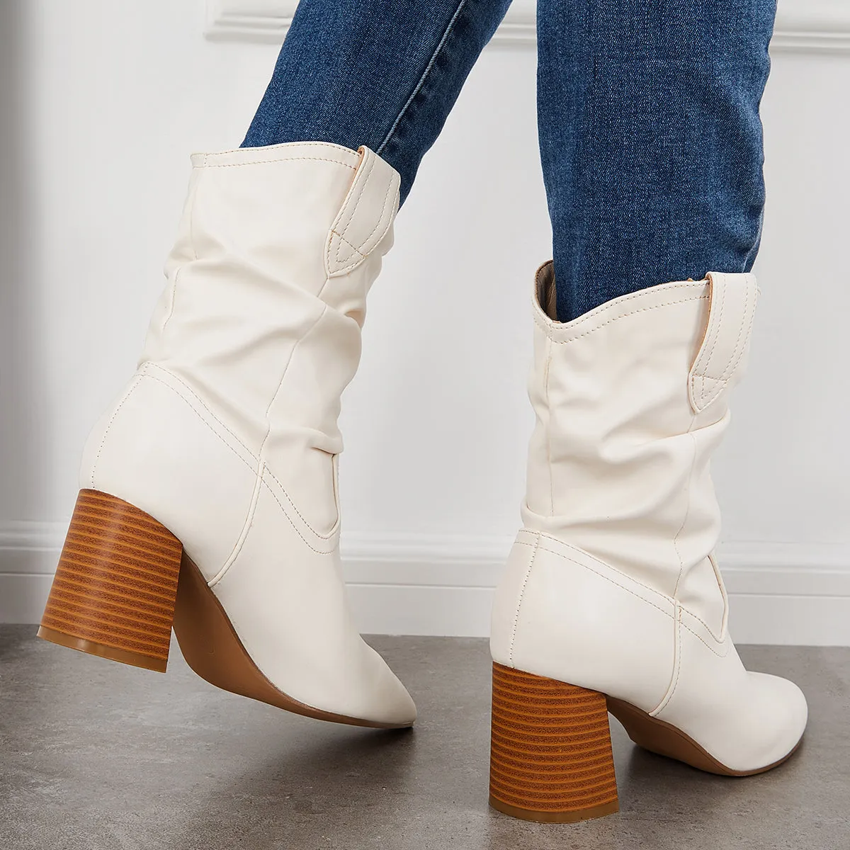 Slouchy Mid Calf Western Boots Pointed Toe Chunky Heel Booties sold by Tinstree product image thumbnail 4