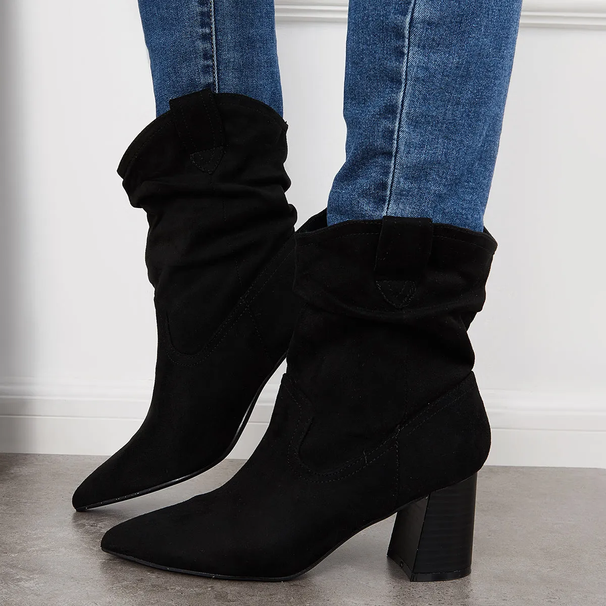 Slouchy Mid Calf Western Boots Pointed Toe Chunky Heel Booties sold by Tinstree product image thumbnail 5