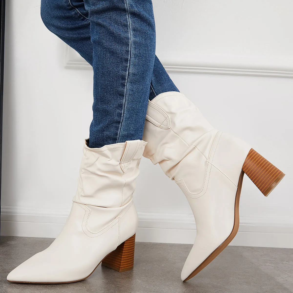 Slouchy Mid Calf Western Boots Pointed Toe Chunky Heel Booties sold by Tinstree product image thumbnail 3