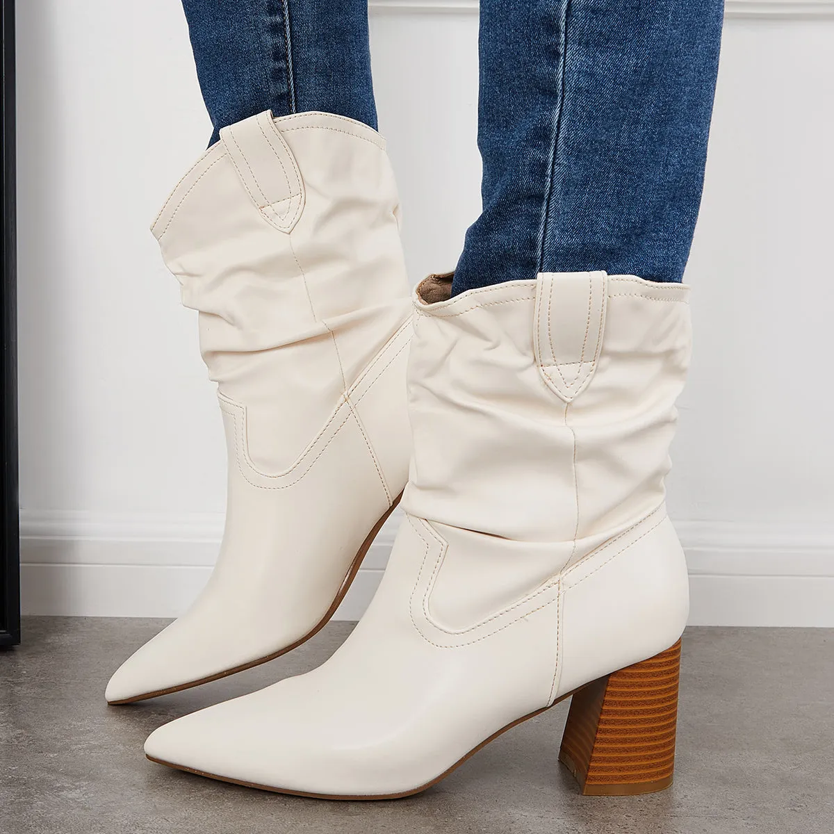 Slouchy Mid Calf Western Boots Pointed Toe Chunky Heel Booties sold by Tinstree
