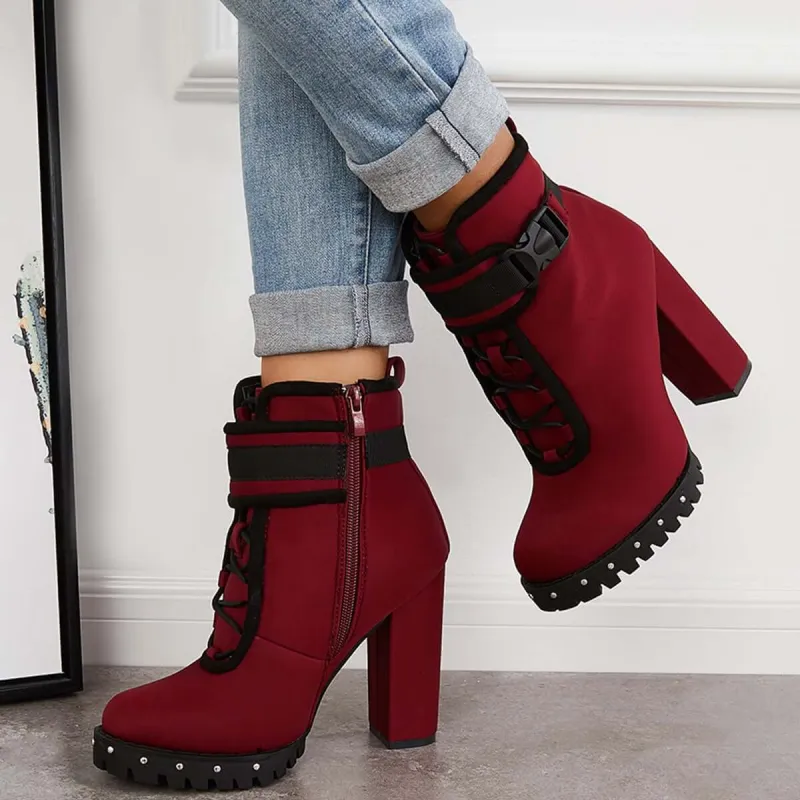 Platform Chunky Heel Boots Buckle Strap Ankle Booties sold by Tinstree
