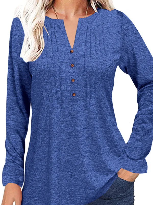 Women Long Sleeve Henley V Neck Pleated Tops Casual Flare Tunic Blouse Shirt sold by Tinstree