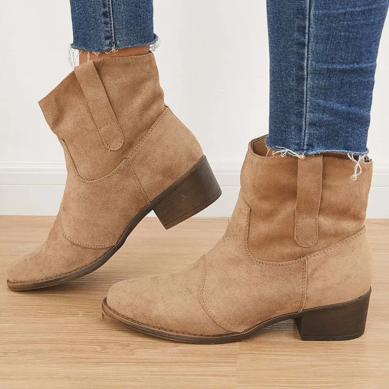 Suede Western Ankle Boots Slip on Block Low Heel Booties sold by Tinstree