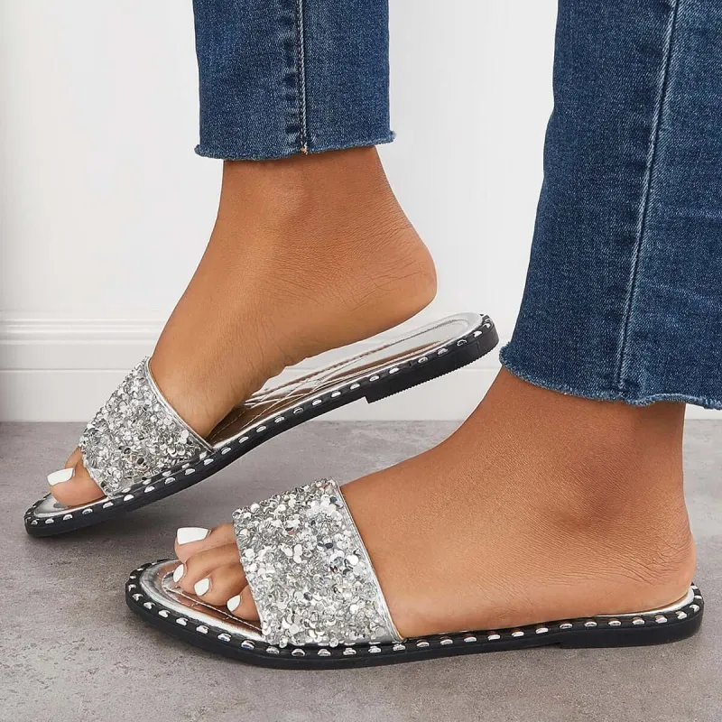 Rhinestone Slip on Flat Sandals Sparkly Slippers sold by Tinstree