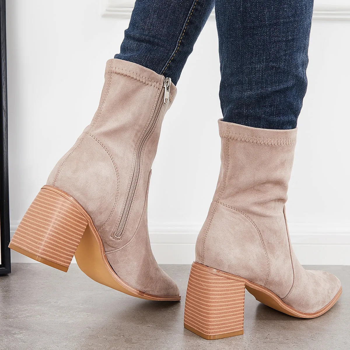 Square Toe Ankle Boots Side Zipper Chunky Stacked Heel Booties sold by Tinstree product image thumbnail 4