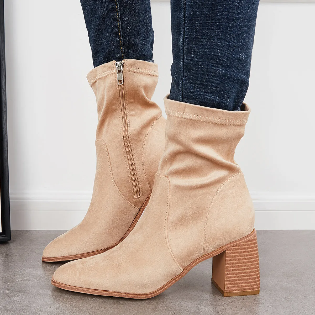 Square Toe Ankle Boots Side Zipper Chunky Stacked Heel Booties sold by Tinstree product image thumbnail 5