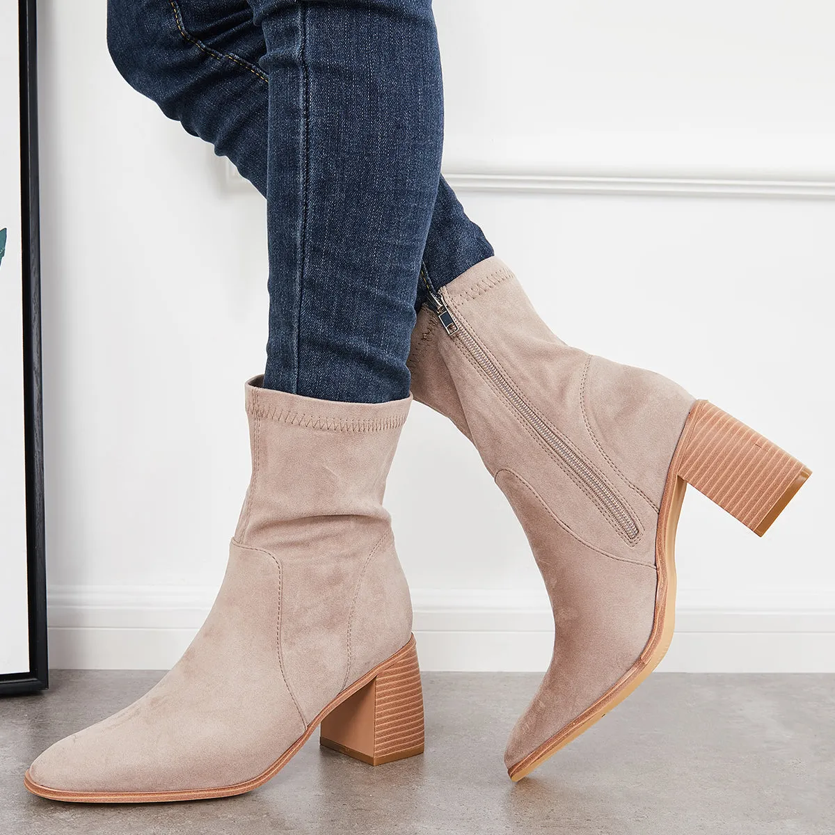Square Toe Ankle Boots Side Zipper Chunky Stacked Heel Booties sold by Tinstree product image thumbnail 3