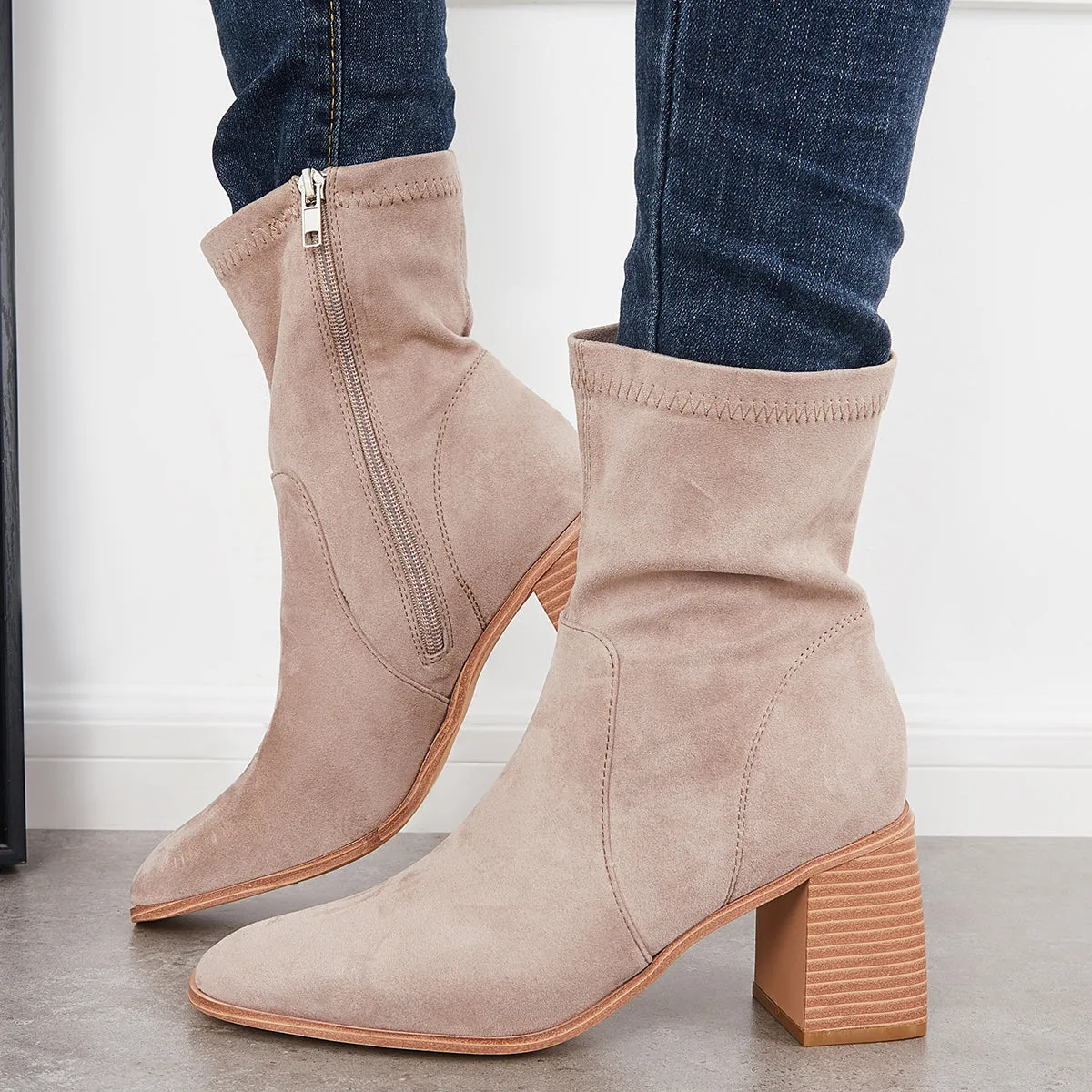 Square Toe Ankle Boots Side Zipper Chunky Stacked Heel Booties sold by Tinstree