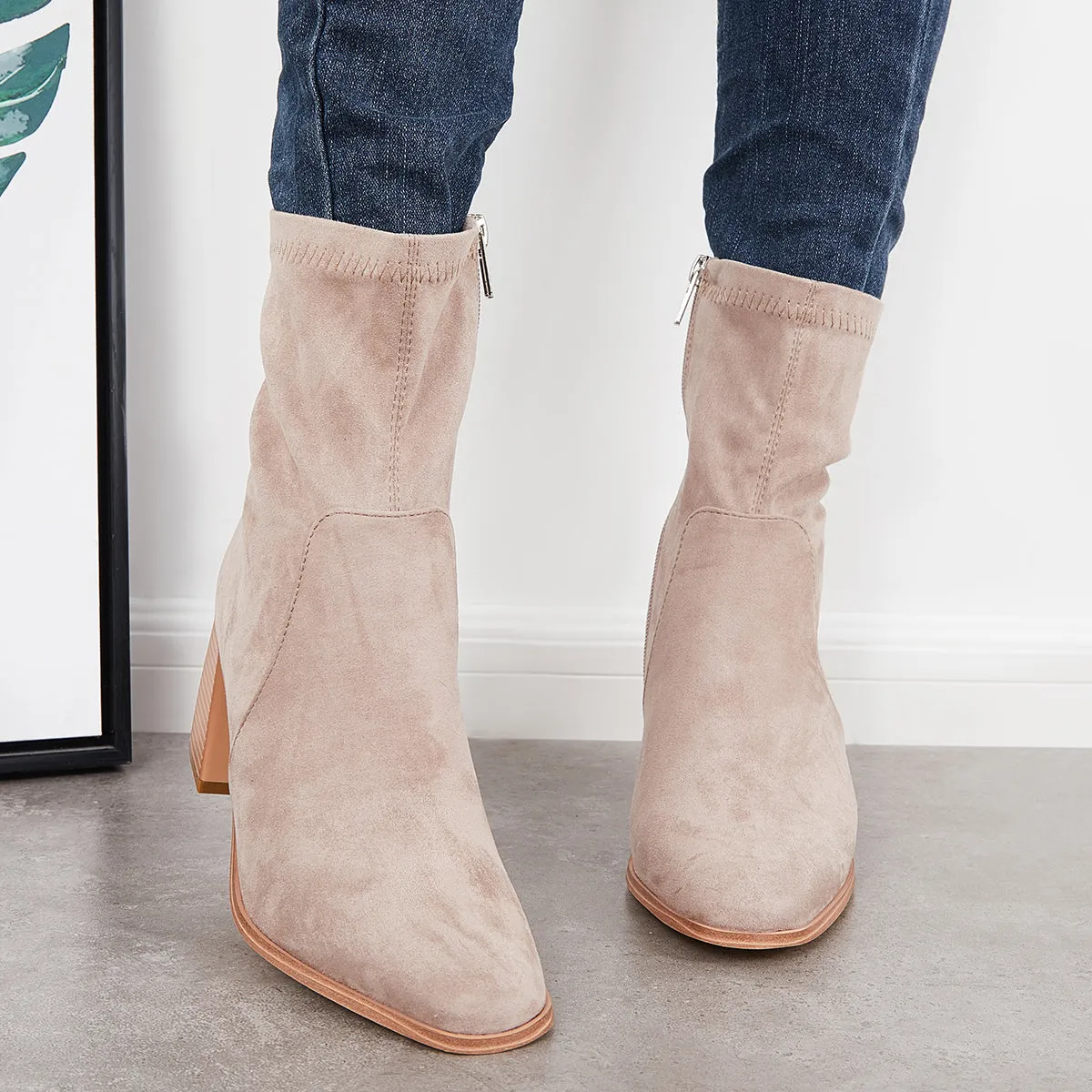 Square Toe Ankle Boots Side Zipper Chunky Stacked Heel Booties sold by Tinstree product image thumbnail 2