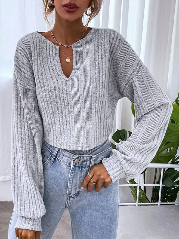 Women Long Sleeve Ribbed Crop Top Sweatshirt V Neck Casual Solid T Shirt sold by Tinstree