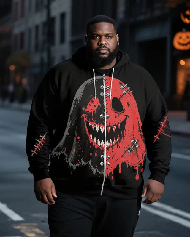 Big & Tall Men's Halloween Ghost Face Stitch Print Zipper Cardigan Hoodie sold by Biggmans