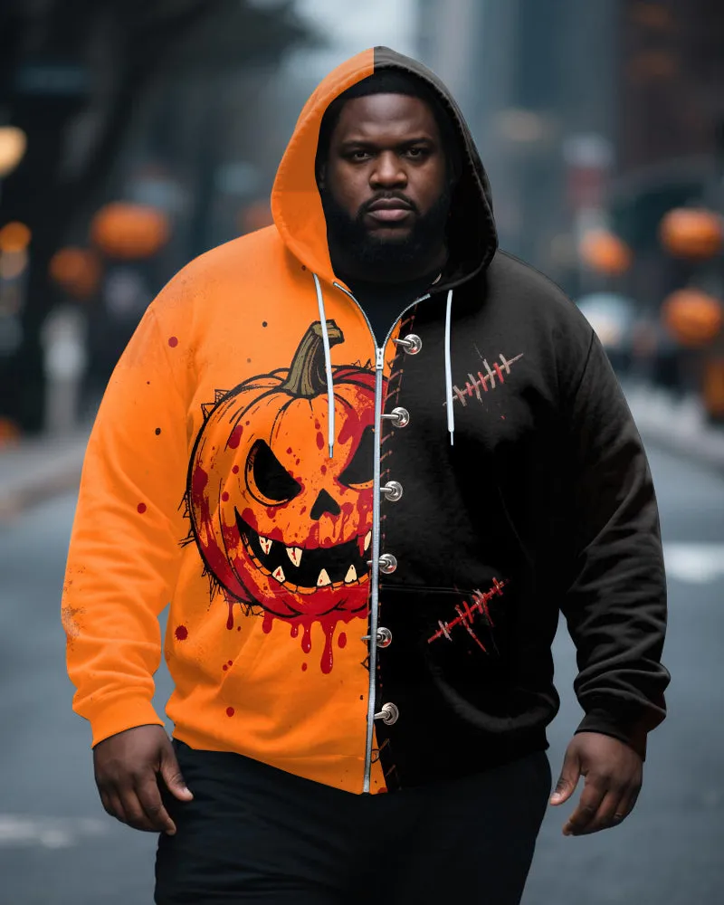 Big & Tall Men's Halloween Pumpkin Goggy Stitching Print Zipper Cardigan Hoodie sold by Biggmans